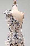 Grey Blue Floral Mermaid Jacquard One Shoulder Maxi Formal Dress