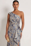 Grey Blue Floral Mermaid One Shoulder Maxi Formal Dress with Slit