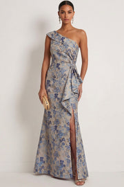 Grey Blue Floral Mermaid One Shoulder Maxi Formal Dress with Slit