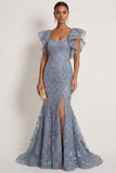 Grey Blue Sparkly Sequin Floral Mermaid  Maxi Formal Dress with Slit