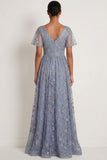 Sparkly Grey Blue Sequin Floral A Line High Waist Maxi Formal Dress