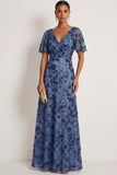 Sparkly Dark Blue Floral Sequin A Line Long Formal Dress with Sleeves