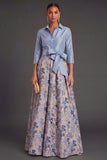 Navy Jacquard Floral A Line Long Formal Dress with Bow