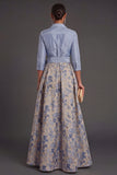 Navy Jacquard Floral A Line Long Formal Dress with Bow
