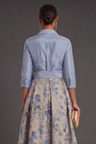 Navy Jacquard Floral A Line Long Formal Dress with Bow