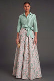 Navy Jacquard Floral A Line Long Formal Dress with Bow