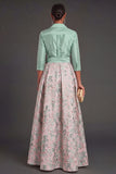Navy Jacquard Floral A Line Long Formal Dress with Bow