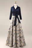 Navy Jacquard Floral A Line Long Formal Dress with Bow