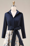 Navy Jacquard Floral A Line Long Formal Dress with Bow