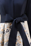 Navy Jacquard Floral A Line Long Formal Dress with Bow