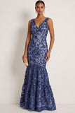 Sparkly Dark Navy Floral Sequin Mermaid V Neck Long Gala Dress