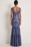Sparkly Dark Navy Floral Sequin Mermaid V Neck Long Gala Dress