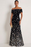 Sparkly Black Silver Mermaid Sequin Off the Shoulder Long Gala Dress