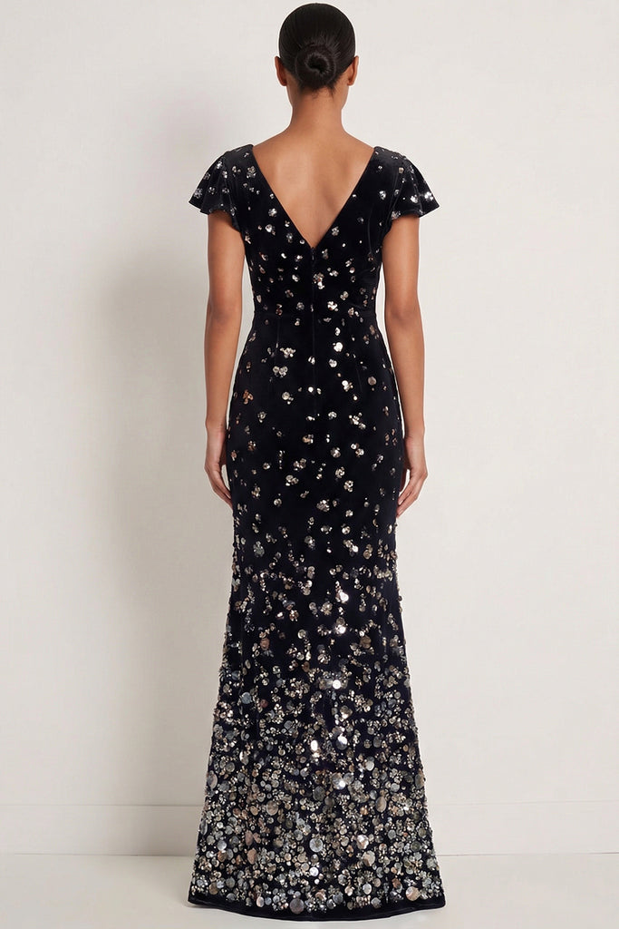 Leely Women Sparkly Black Silver Mermaid Sequin Long Gala Dress with