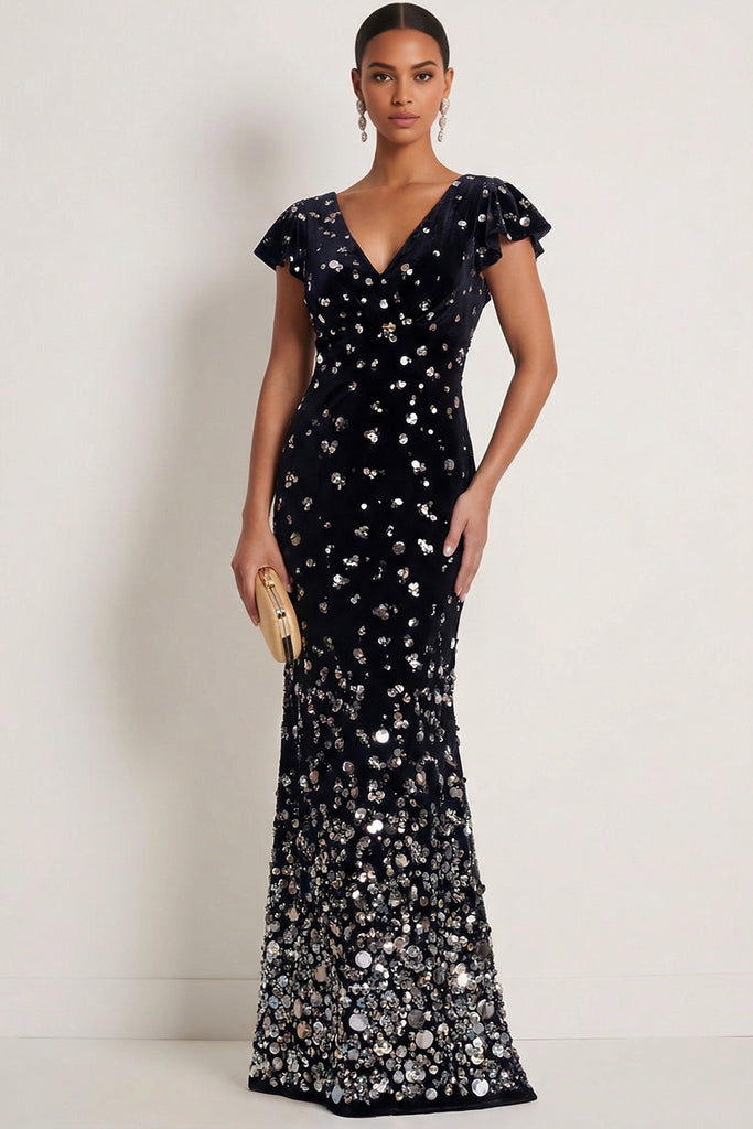 Leely Women Sparkly Black Silver Mermaid Sequin Long Gala Dress with