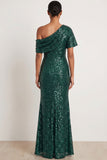 Sparkly Sequined Dark Green Mermaid One Shoulder Long Gala Dress