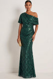 Sparkly Sequined Dark Green Mermaid One Shoulder Long Gala Dress
