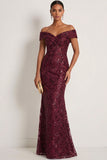 Burgundy Sparkly Sequin Mermaid Maxi Gala Dress