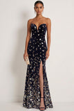 Sparkly Black Silver Sequin Mermaid Sweetheart Long Gala Dress with Slit