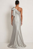 One Shoulder Satin Grey Blue Mermaid Long Gala Dress with Bow