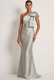 One Shoulder Satin Grey Blue Mermaid Long Gala Dress with Bow