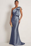 One Shoulder Satin Grey Blue Mermaid Long Gala Dress with Bow
