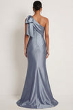 One Shoulder Satin Grey Blue Mermaid Long Gala Dress with Bow