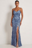 Grey Blue Sparkly Sequined Spaghetti Straps Mermaid Long Gala Dress