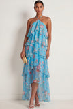 A Line Floral Pink Red Ruffled Halter Neck Long Wedding Guest Dress