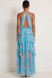 A Line Floral Pink Red Ruffled Halter Neck Long Wedding Guest Dress