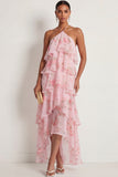 A Line Floral Pink Red Ruffled Halter Neck Long Wedding Guest Dress