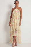A Line Floral Ruffled Yellow Pink Halter Neck Long Wedding Guest Dress