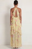 A Line Floral Pink Red Ruffled Halter Neck Long Wedding Guest Dress