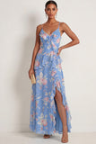 Blue Pink Floral A Line Ruffled Spaghetti Straps Maxi Wedding Guest Dress with Slit