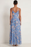 Blue Pink Floral A Line Ruffled Spaghetti Straps Maxi Wedding Guest Dress with Slit