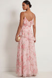 Blue Pink Floral A Line Ruffled Spaghetti Straps Maxi Wedding Guest Dress with Slit