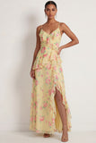 Blue Pink Floral A Line Ruffled Spaghetti Straps Maxi Wedding Guest Dress with Slit