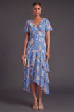 A Line Ruffled Blue Pink Floral V Neck Maxi Wedding Guest Dress wit Short Sleeves