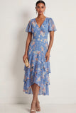 A Line Ruffled Blue Pink Floral V Neck Maxi Wedding Guest Dress wit Short Sleeves