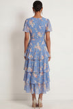 A Line Ruffled Blue Pink Floral V Neck Maxi Wedding Guest Dress wit Short Sleeves