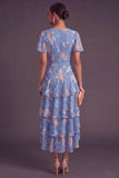 A Line Ruffled Blue Pink Floral V Neck Maxi Wedding Guest Dress wit Short Sleeves