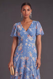 A Line Ruffled Blue Pink Floral V Neck Maxi Wedding Guest Dress wit Short Sleeves