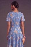 A Line Ruffled Blue Pink Floral V Neck Maxi Wedding Guest Dress wit Short Sleeves