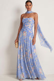 Blue Pink Floral A Line Draped Strapless Maxi Wedding Guest Dress with Neck Scarf