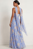 Blue Pink Floral A Line Draped Strapless Maxi Wedding Guest Dress with Neck Scarf