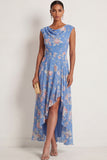 Blue Pink Floral A Line Ruffled High Low Draped Formal Dress