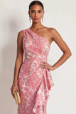 Mermaid Blush Floral Ruffled One Shoulder Long Formal Dress with Slit
