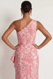Mermaid Blush Floral Ruffled One Shoulder Long Formal Dress with Slit