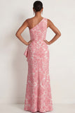 Mermaid Blush Floral Ruffled One Shoulder Long Formal Dress with Slit
