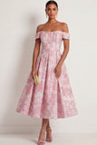 Pink Floral Corset Jacquard A Line Long Formal Dress
